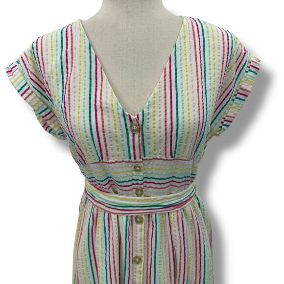 Ann Taylor Loft White Rainbow Stripe Dress Size 6P Button Front Midi Seersucker - Picture 4 of 7